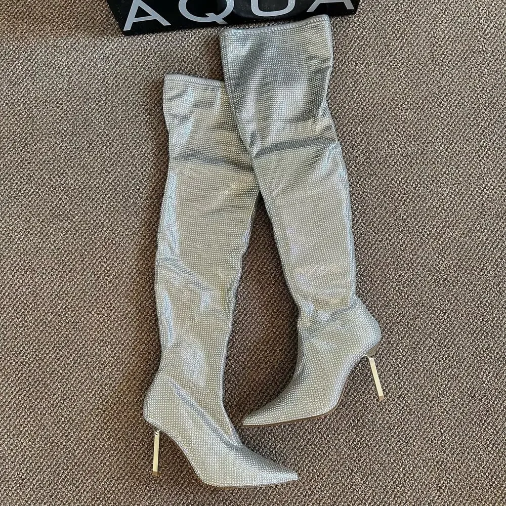 AQUA Nicki Pointed Toe High Heel Rhinestone Over The Knee Boots Size 9.5 $248‎
